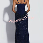 Yeona Square Neck Back Lace-up Sequin Embellished Drape Cowl Overlay Maxi Dress