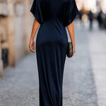 Solid Color Round Neck Short-sleeved Elegant Draped Maxi Dress