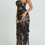 Sienna Floral Embroidered Fabric Off Shoulder Mermaid Silhouette Slit Maxi Dress