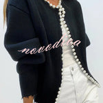 Elegant Chic Knit Pearls Trim Long Sleeve Relaxed Cardigan