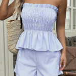 Striped Printed Sleeveless Off-shoulder Ruched Top and Elastic Waist Casual Pocket Shorts Set