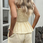 Striped Printed Sleeveless Off-shoulder Ruched Top and Elastic Waist Casual Pocket Shorts Set