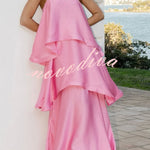 Soft and Smooth Satin Tiered Slip Square Neck A-line Maxi Dress