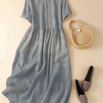 Unique Pink Peter Pan Collar Wrinkled Linen Holiday Dress Short Sleeve