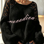 Faux Mink Knit Crochet Flowers Shoulder Wide Neck Long Sleeve Loose Sweater