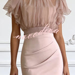 Sheer High-Neck Ruffle Sleeve Back Tie-up Top and Slip Ruched Midi Dress Two Pieces Set