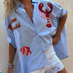 Piper Unique Lobster Ocean Embroidery Pattern Half Sleeve Oversized Shirt