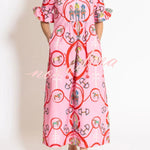 Churchill Social Playful Warhorse Print Stand Neck Ruffle Sleeve Belted Pocket Caftan Midi Dress