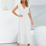 Zeagoo Women's Casual Loose Jumpsuit V Neck Sleeveless Solid Ruffle Pleated Wide-leg Long Playsuit with Belt