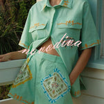 Linen Blend Loose-fitting Short-sleeved Button-down Shirt and Casual Pocket Shorts Set