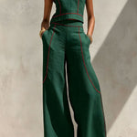 Elysia Contrast-Stitch Linen Two-Piece Set
