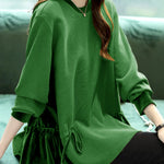 Loose Green O-Neck Patchwork Drawstring Sweatshirts Top Long Sleeve