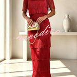 Elowyn Mesh Tiered Tassel Patchwork Round Neck Cape Sleeve Midi Dress