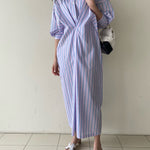 Long Sleeves Loose Buttoned Contrast Color Pockets Striped Lapel Midi Dresses Shirt Dress
