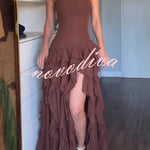 Elegant Sleeveless Off-shoulder Fitted Ruffled High Slit Maxi Dress