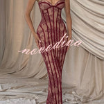 Sian Floral Lace Contrast Structural Detail Back Lace-up Strapless Slit Maxi Dress