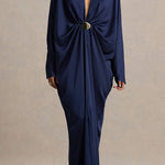 Tina Satin Plunge V-neck Gold Trim Detail Long Batwing Sleeve Maxi Dress