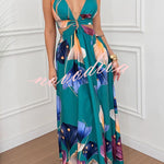 Seinah Floral Print Cutout Waist Open Back Lace-up Slit Maxi Dress