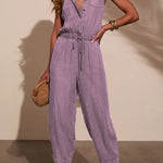 Stylish Collared Sleeveless Elastic Waist Tie Casual Pocket Denim Jumpsuit