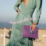 Elegant Night V-Neck Long Sleeve Layered Tassel Hem Maxi Dress