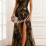 Ayla Satin One Shoulder Metallic Flower Detail Floral Tulle Hem Slit Maxi Dress