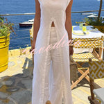 Elegant Resort Linen Blend Stand Neck Front Slit Midi Top and Elastic Waist Loose Pants Set