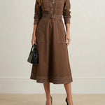 Long Sleeves Loose Buttoned Elasticity Pockets Solid Color Lapel Maxi Dresses