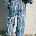 Althea Striped Print Lace-up Neck Long Sleeve Top and Elastic Waist Pocket Lantern Pants Set