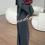 High Level Striped High Neck Long Slit Sleeve Top and Elastic Waist Pocket Loose Pants Set