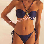 Metal Shell Straps Elastic Bikini and Slit Cover-up Dress Three-piece Set
