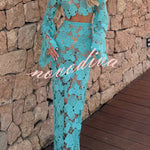Kylee Floral Cutout Embroidered High Neck Bell Sleeve Crop Top and High Rise Flare Maxi Skirt Set