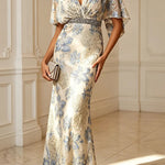 Ellie Floral Textured Diamond-embellished Belt Half Sleeve Mermaid Gown Maxi Dress