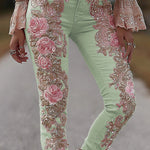 3D Floral Print Pocket Casual Jeans