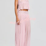 Dreamy Crinkle Chiffon Lace Trim Tank and High Rise Loose Lantern Pants Set