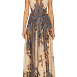 Chapel Linen Blend Floral Print Cutout Tie-up Waist Pocket Halter Backless Maxi Dress