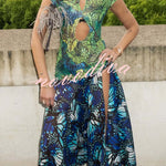 Ellie Color Block Butterfly Print Cutout Design Stand Neck Chiffon Hem Midi Dress