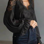 Fashionable Patchwork Lace V-neck Puff Sleeve Loose Shirt