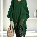 Knit V-neck Long Sleeve Asymmetrical Cut-out Detail Hem Loose Sweater Midi Dress