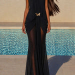 Touch of Drama Mesh Butterfly Metal Clips One Shoulder Backless Maxi Dress