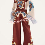 Bohemian Dreams Unique Print High Neck Feather Trim Bell Sleeve Top