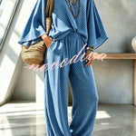 Retro Style Polka Dot Print Batwing Sleeve Top and Elastic Waist Loose Jogger Pants Set