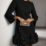 Black Round Neck 3D Floral Ruffle Hem Mini Dress