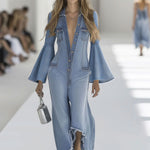 Casual Retro Light Blue Denim Flared Long-Sleeved Wide-Leg Raw Edge Jumpsuit
