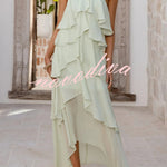 Solid Color Chiffon Halter Neck Elegant Ruffle Maxi Dress