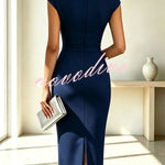 Elegant Solid Color Floral Embellished Pleated Waist Short Sleeve Midi Dress
