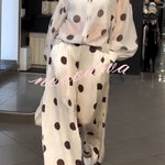 Grazia Polka Dot Sheer Long Balloon Sleeve Shirt and Elastic Waist Pocket Wide Leg Pants Set