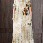 Fitted Yellow Mandarin Collar Print Pockets Silk Long Dresses Short Sleeve