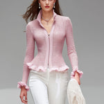 Pink Stand-up Collar Zipper Ruffled Mesh Knit Cardigan