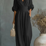 Solid Color V-neck Fitted Waist Pocket Casual Wide-leg Jumpsuit