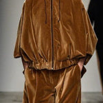 Brown velvet zip-up hooded sweatshirt and trousers set